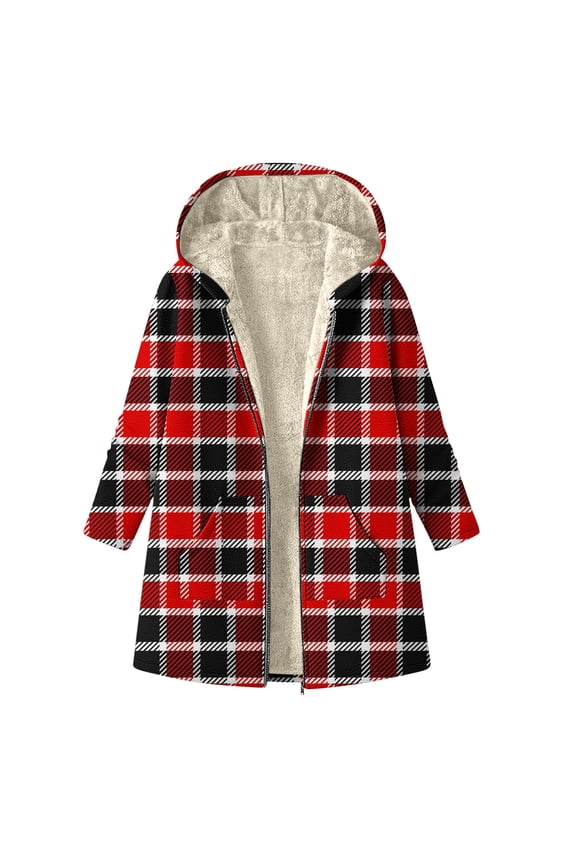 Plaid Shacket Women Thickened Warm Fleece Lined Jacket Long Sleeve Going Out Tops Fall Winter Zip up Hoodie with Pockets Size S