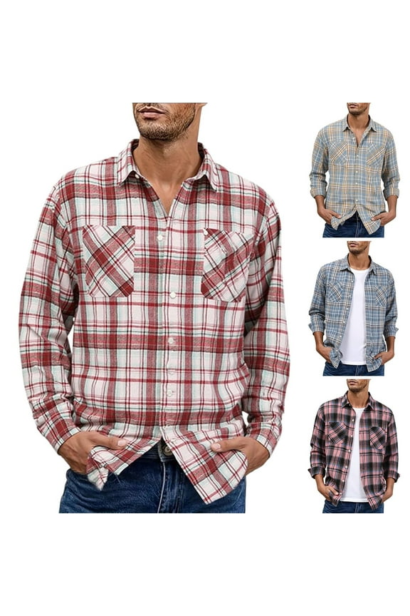 Plaid Shirt Men Casual Plus Size Long Sleeve Tops Fall Winter Going Out Blouses Dressy Casual Checkered Button Down Shirts with Pocket Size 4X-Large