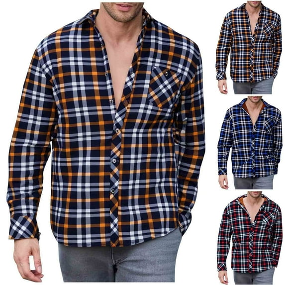 LWITHSZG Plaid Shirt Men Casual Loose Plus Size Long Sleeve Tops Fall Winter Dressy Casual Checkered Blouses Button Down Shirts with Pocket Size XXXL