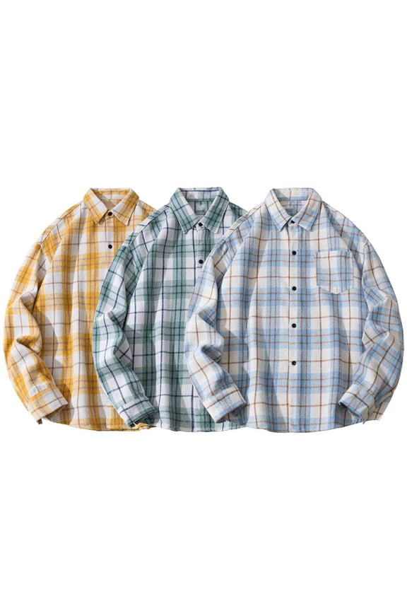 Plaid Shirt Men Dressy Casual Loose Button Down Shirts Fall Winter Checkered Blouses Plus Size Long Sleeve Tops with Pocket Size XXL