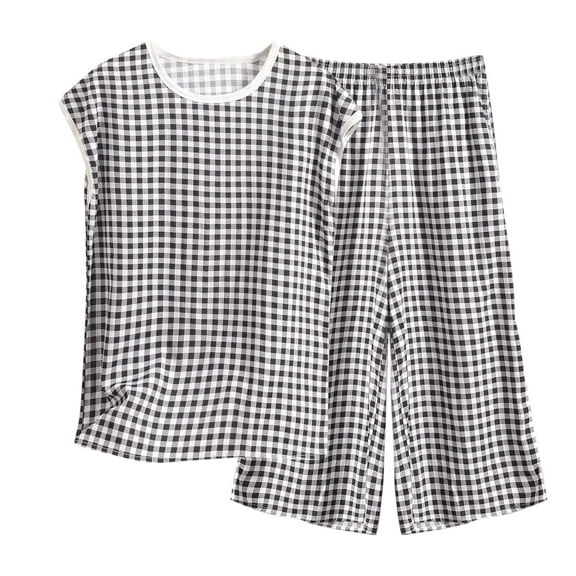 snilers Plus Size Pajamas for Women Set Crew Neck T Shirts and Wide Leg Pants Matching Lounge Set Casual Loose Plaid Sleepwear 2 Piece Outfits