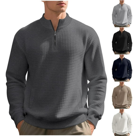 LWITHSZG Quarter Zip Pullover Men Trendy Waffle Knit Tops Fall Winter Lightweight Long Sleeve Going Out Blouses Mock Neck Sweatshirt Size L