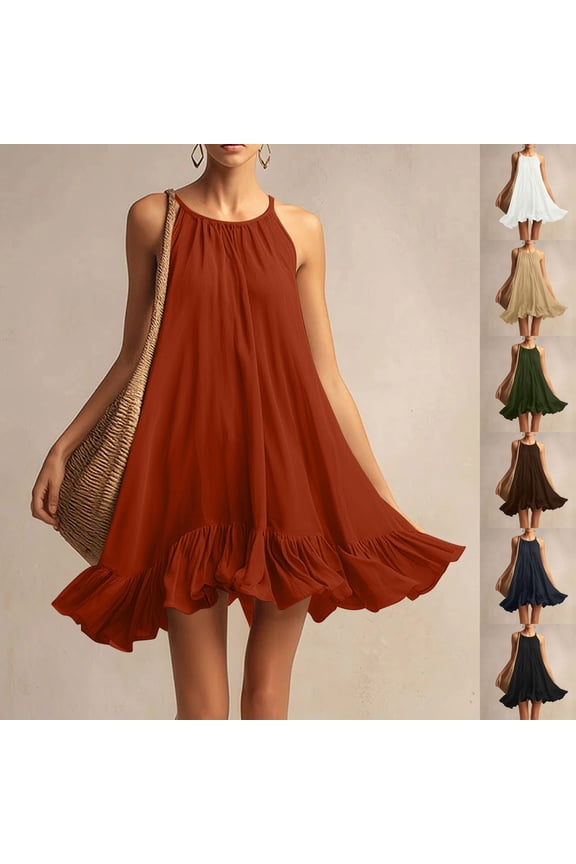 Ruffle Hem Spaghetti Strap Dresses for Women Swing A Line Sleeveless Mini Dress Beach Vacation Summer Sundress S-XXL