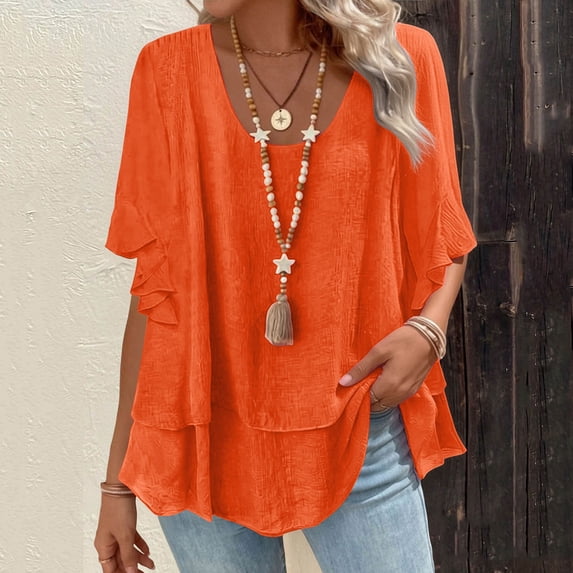 LWITHSZG Ruffle Short Sleeve Tunic Tops for Women Loose Fit Flowy Layered Ladies Blouses Going Out Summer Shirts Beach Vacation Outfits