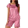 thumbnail image 1 of snilers Satin Pajama Set for Women Fashion Casual Lounge Sets Ruffle Square Neck Short Sleeve Shirts and Shorts Cute Pj Set, 1 of 4
