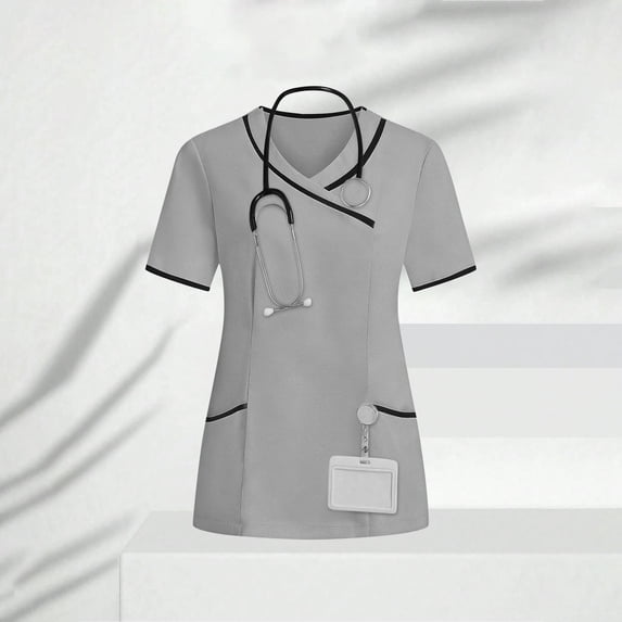 LWITHSZG Scrub Tops Women Dressy Casual V Neck T Shirts Summer Breathable Short Sleeve Blouses Work Nurse Shirt with Pockets S-XXXL
