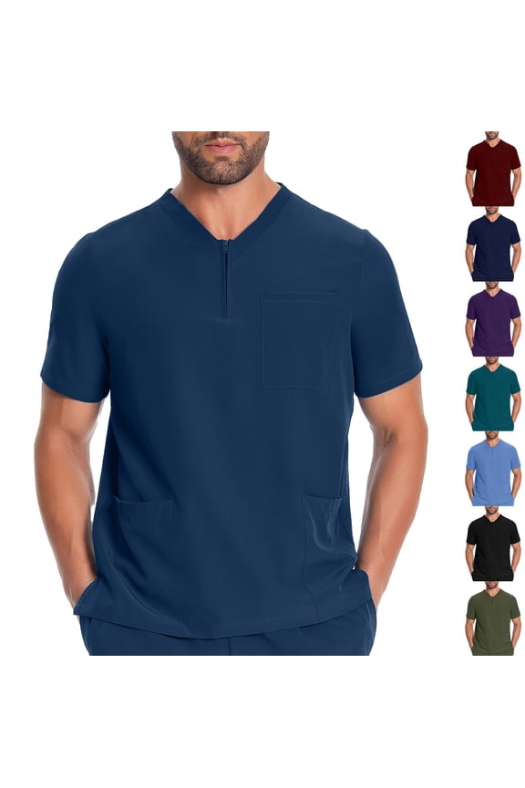 Scrub Tops for Men Short Sleeve Quarter Zip Pullover Casual Loose Fit V Neck T Shirts Summer Work Blouses with Pockets S-XXL