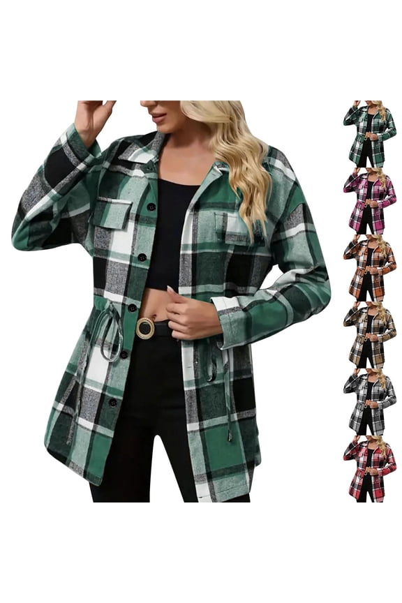 Shackets for Women Drawstring Waist Long Sleeve Button Down Plaid Jackets Fall Winter Fashion Going Out Tops Casual Outerwear Size L
