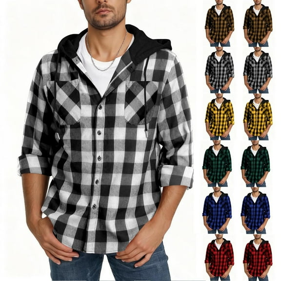 LWITHSZG Shirt Jacket for Men Trendy Long Sleeve Button Down Plaid Shacket Fall Winter Casual Outerwear Lightweight Going Out Hoodie