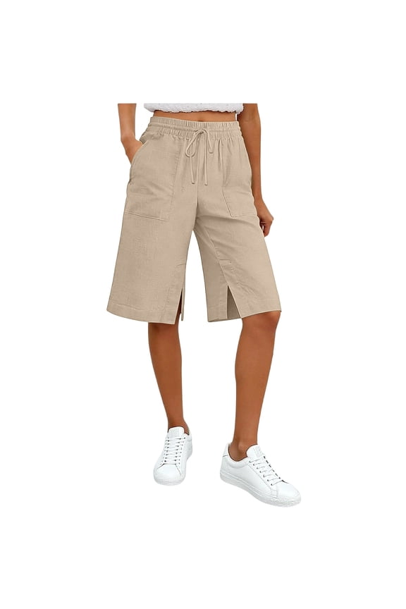 Side Split Bermuda Shorts for Women Knee Length Summer Pants Straight Leg Loose Fit Elastic Waist Bottoms with Pockets Size XXL