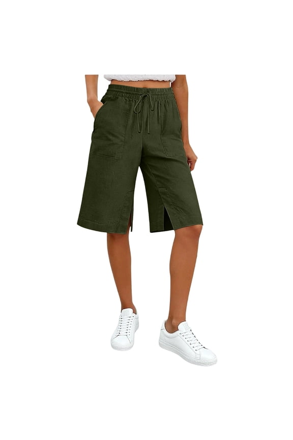 Side Split Bermuda Shorts for Women Knee Length Summer Pants Straight Leg Loose Fit Elastic Waist Bottoms with Pockets Size XXL