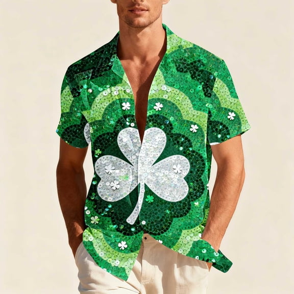 LWITHSZG St Patricks Day Shirt Men Holiday Party Sparkly Sequin Printed Tops Glitter Irish Shamrock Short Sleeve Button Down Shirts M-3XL