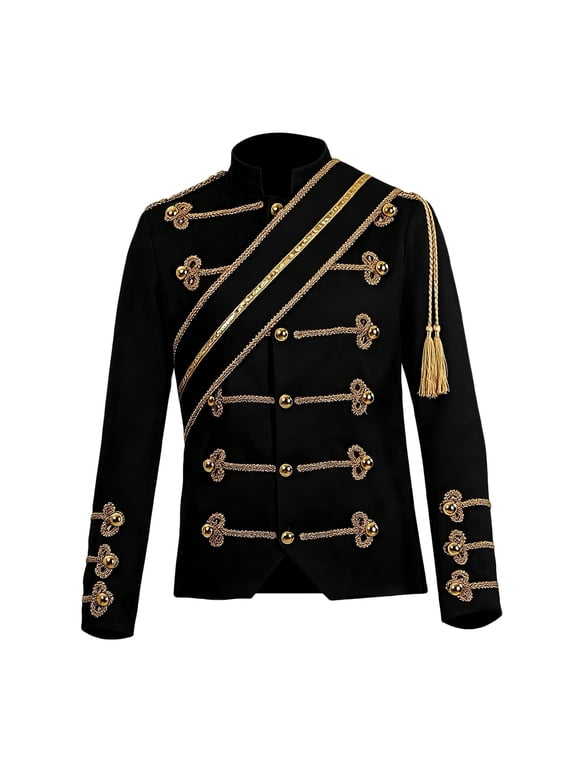 Stand Collar Jackets for Men Gold Braided Frog Buttons Tassel Jacket Stage Performance Coat Halloween Fashion Fall Outerwear S