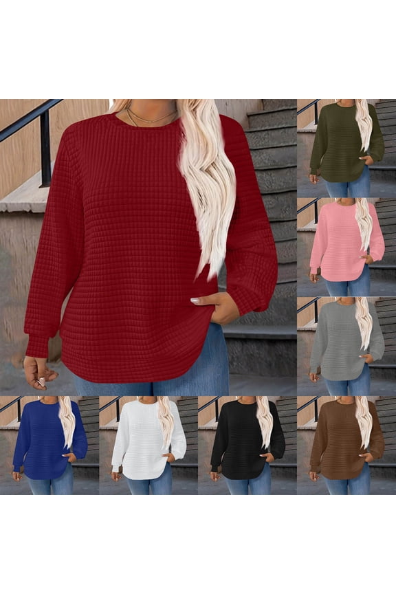 Sweatshirt for Women Casual Loose Waffle Knit Tops Fall Winter Fashion Crew Neck Blouses Soft Comfy Warm Long Sleeve Shirts