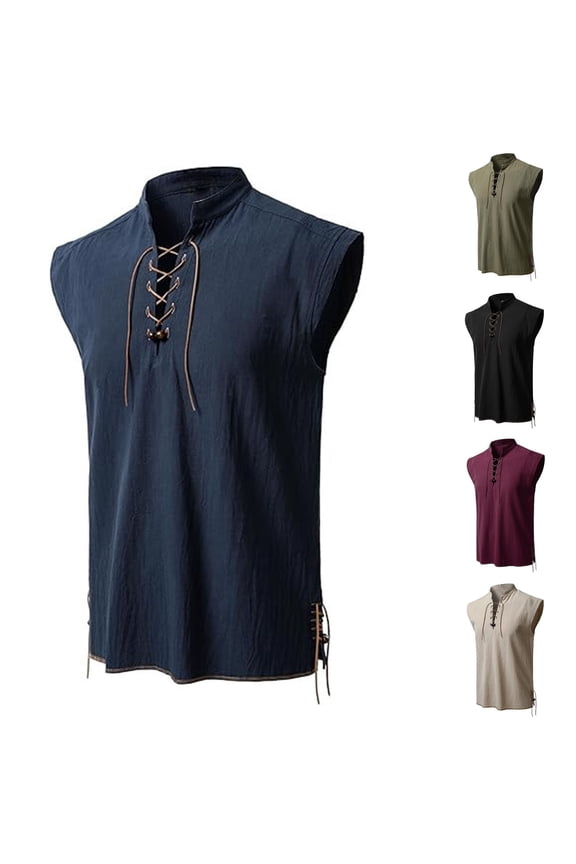 Tank Tops Men Medieval Renaissance Retro Lace Up Sleeveless Shirts Fashion Mock Neck Blouses Summer Breathable Athletic Basic Tees