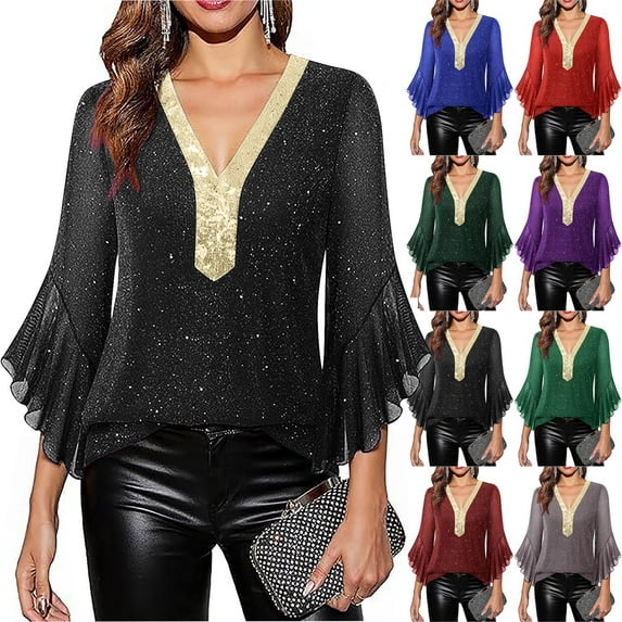 LWITHSZG V Neck T Shirts for Women Color Block Sparkly Ruffle Sleeve Blouses Fall Winter Fashion Basic Tees Dressy Casual 3/4 Sleeve Tops