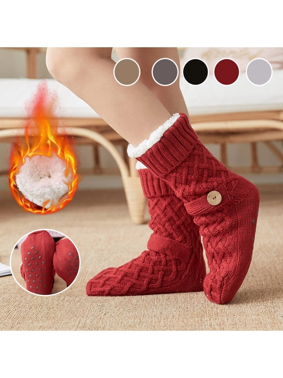 Women Cable Knit Slipper Socks Winter Sherpa Lined Warm Fuzzy Calf Socks Cozy House Sleeping Socks for Ladies One Size