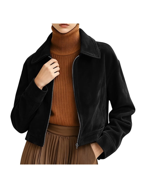 Women Faux Suede Cropped Jacket Lapel Collar Long Sleeve Full Zip up Jackets Casual Short Moto Coat for Fall Winter Size S
