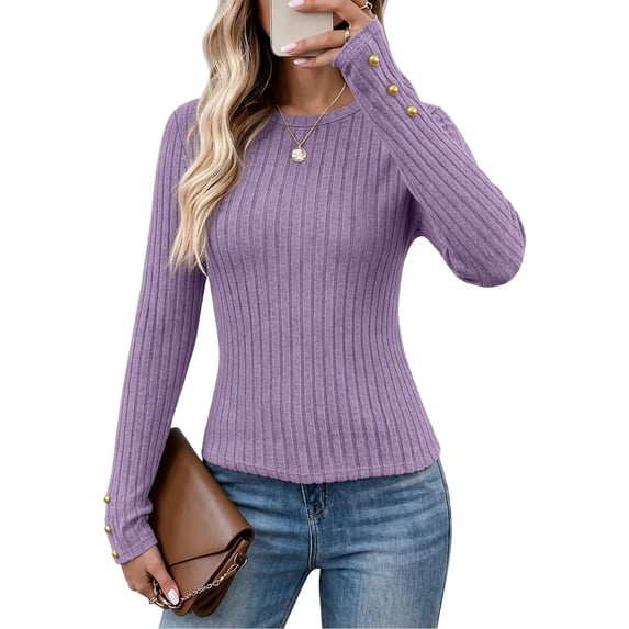 LWITHSZG Women's Ribbed Long Sleeve Tops, Slim Fit Gold Decorative ...