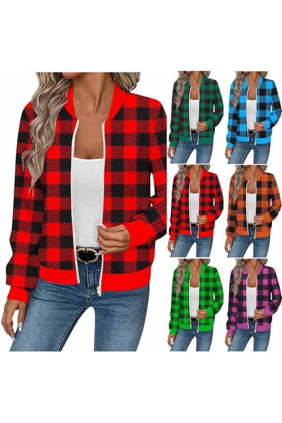 Womens Bomber Jacket Christmas Fall Winter Fashion Waffle Plaid Jackets Long Sleeve Going Out Tops Full Zip up Coat with Pockets Size M