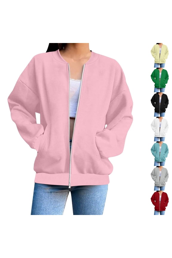 Womens Bomber Jacket Trendy Solid Full Zip up Coats Long Sleeve Going Out Tops Fall Winter Casual Outerwear with Pockets Size L