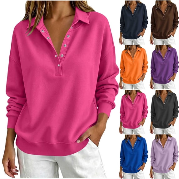 LWITHSZG Womens Collared Henley Sweatshirt Fleece Lined Long Sleeve Sweatshirts Fall Winter Going Out Casual Pullover Tops Size L