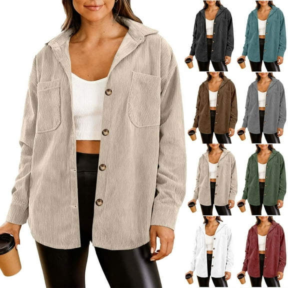 LWITHSZG Womens Corduroy Jacket Trendy Solid Long Sleeve Button Down Shirts Fall Winter Going Out Tops Casual Shacket with Pockets Size L