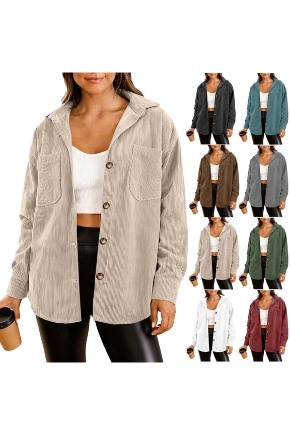 Womens Corduroy Jacket Trendy Solid Long Sleeve Button Down Shirts Fall Winter Going Out Tops Casual Shacket with Pockets Size M