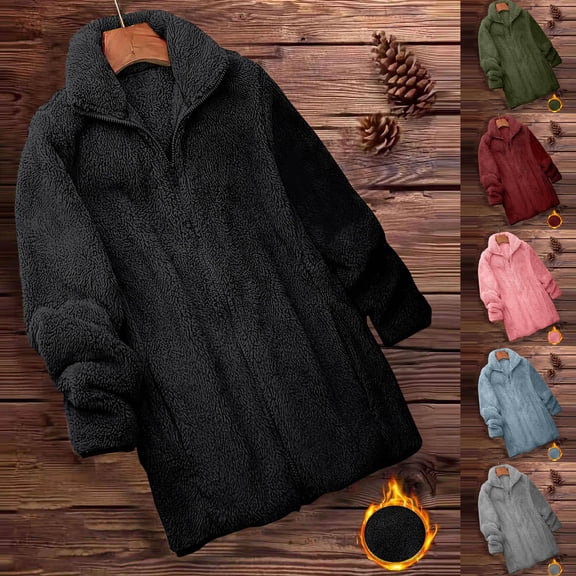 LWITHSZG Womens Fleece Jacket Casual Solid Full Zip up Long Sweatshirts Long Sleeve Going Out Tops Soft Comfy Warm Outerwear with Pockets Size M