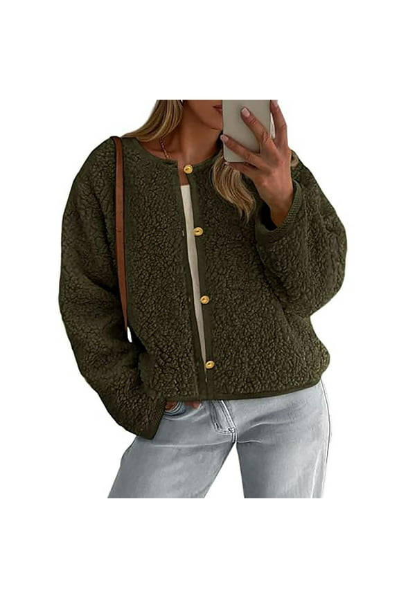 Womens Fleece Jacket Fall Winter Warm Faux Furs Cropped Coats Soft Comfy Going Out Tops Trendy Long Sleeve Button Down Casual Outerwear Size M