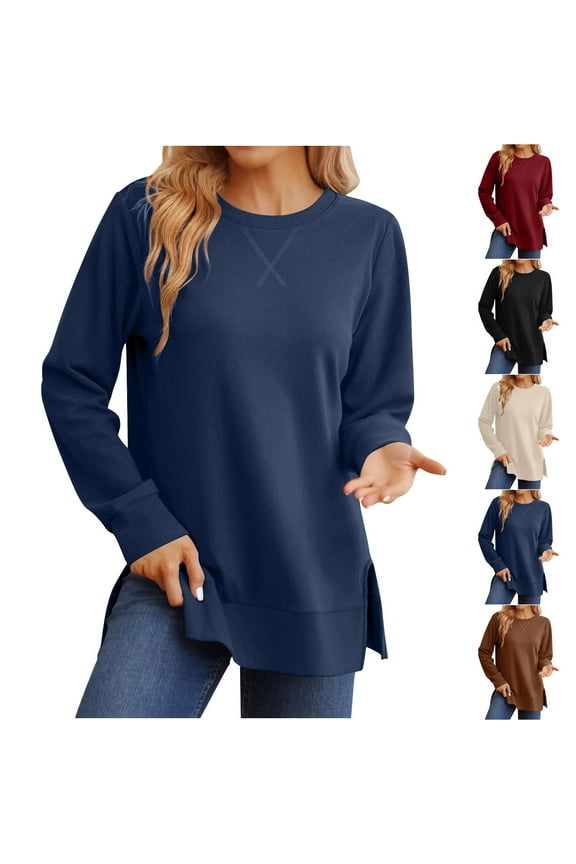 Womens Long Sleeve Shirt Casual Loose Side Split Crewneck Sweatshirts Soft Comfy Lightweight Basic Tees Fall Winter Trendy Tunic Tops