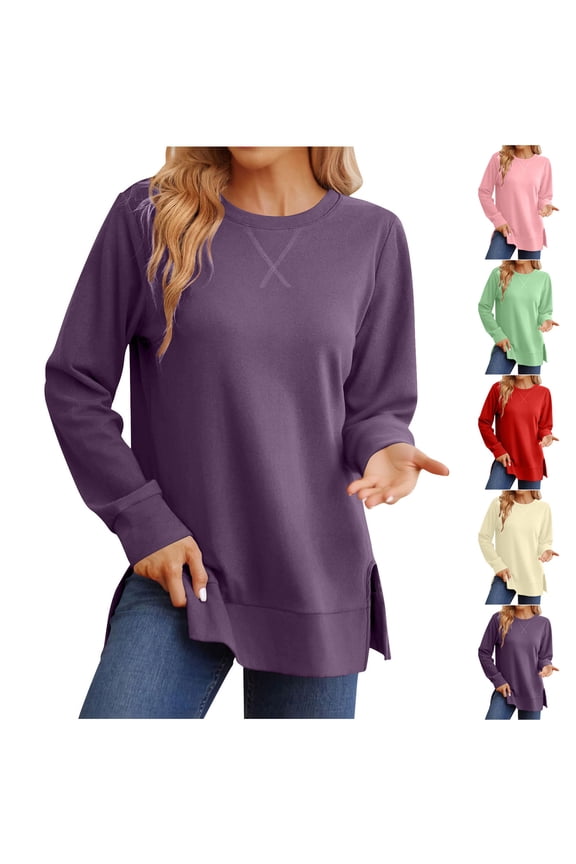 Womens Long Sleeve Shirt Casual Loose Side Split Crewneck Sweatshirts Soft Comfy Lightweight Basic Tees Fall Winter Trendy Tunic Tops