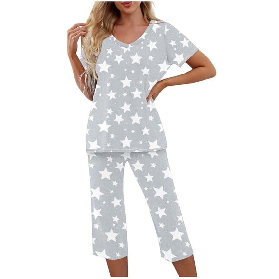 snilers Womens Lounge Set Short Sleeve V Neck T Shirts and Capri Pants 2 Piece Pajama Set Fashion Casual Sleepwear Matching Pjs Set