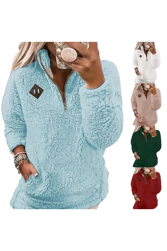 Womens Quarter Zip&nbsp;Pullover Comfy Warm Sherpa Fleece Long Sleeve Tops Workout Running Sweaters Fall Winter Casual Solid Sweatshirts with&nbsp;Pocket