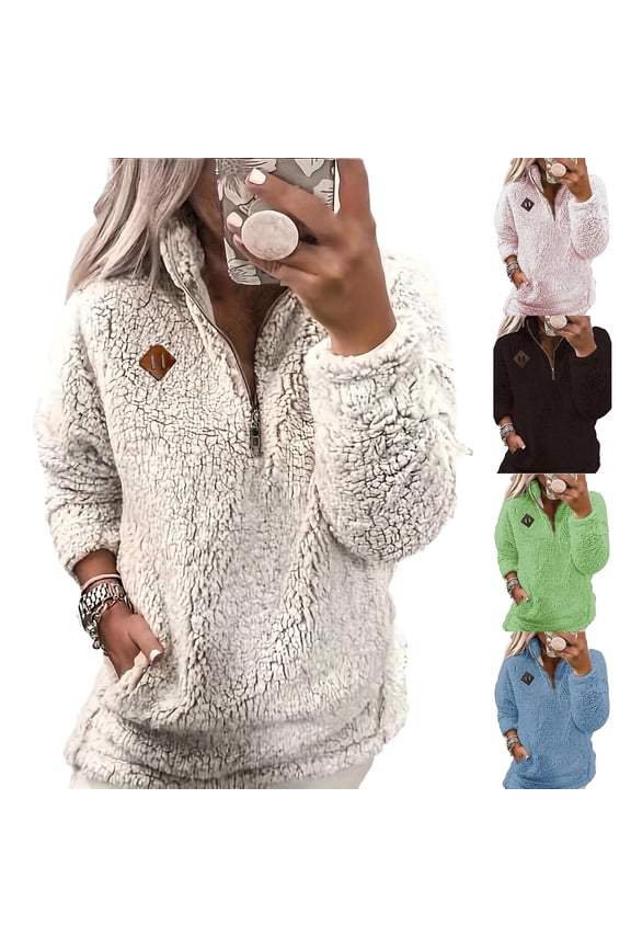 Womens Quarter Zip&nbsp;Pullover Comfy Warm Sherpa Fleece Long Sleeve Tops Workout Running Sweaters Fall Winter Casual Solid Sweatshirts with&nbsp;Pocket