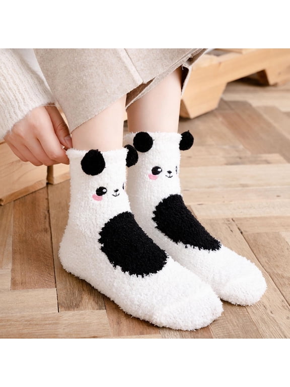 Womens Socks Cute Cartoon Fuzzy Calf Socks Breathable Moisture Wicking Thick Warm Plush Crew Socks Free Size