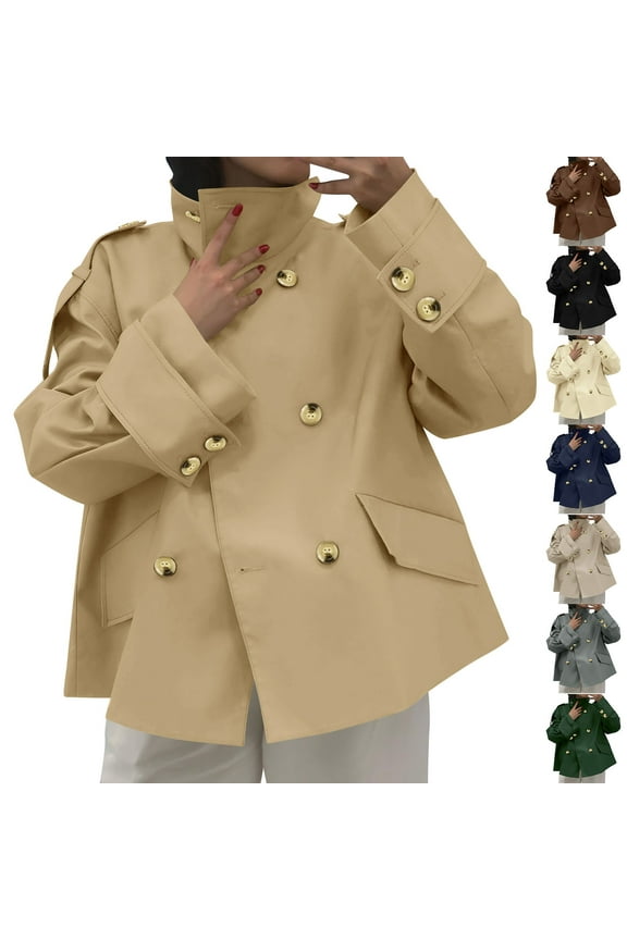 Womens Trench Coat Trendy Double Breasted Stand Collar Cropped Jacket Fall Winter Casual Outerwear Business Work Long Sleeve Going Out Tops Size XXL