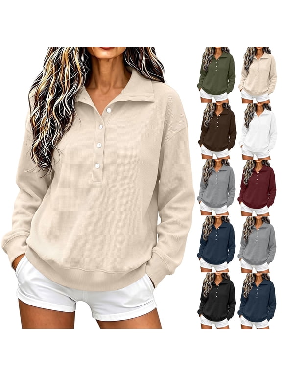 Womens Waffle Knit Sweatshirt Collared Quarter Buttons Pullover Sweatshirts Long Sleeve Casual Tops for Fall Winter Spring Size L
