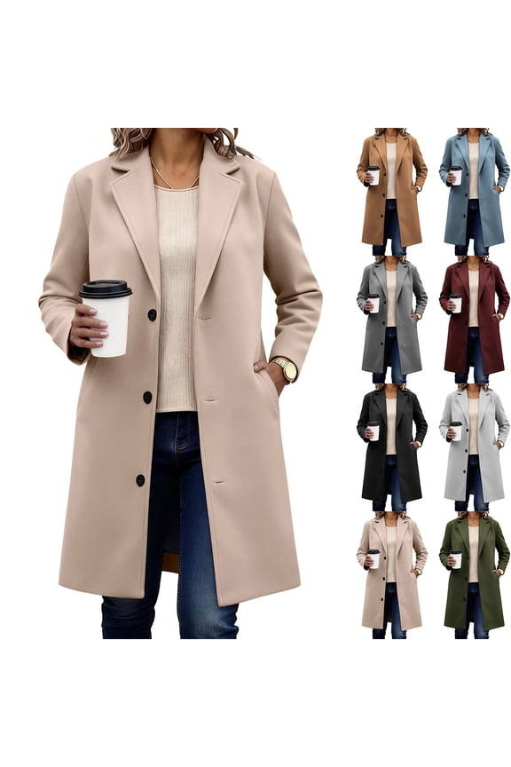 Womens Wool Coat Single Breasted Notched Lapel Jacket Fall Winter Long Sleeve Going Out Tops Casual Dressy Long Trench Coat with Pockets Size XXL