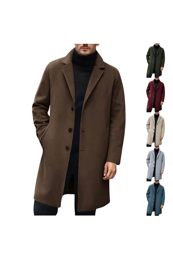 Wool Coat Men Single Breasted Notched Lapel Long Trench Coats Long Sleeve Going Out Tops Casual Dressy Lightweight Jackets with Pockets