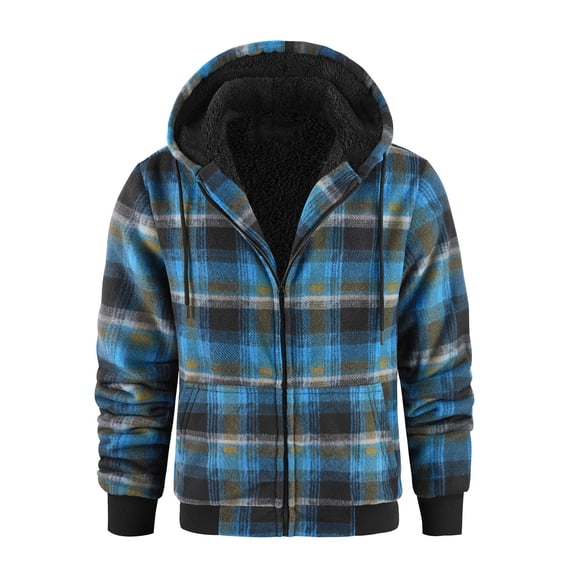 LWITHSZG Zip up Hoodie Men Thickened Warm Fleece Lined Plaid Jacket Long Sleeve Going Out Tops Fall Winter Trendy Drawstring Shacket with Pockets Size XXL
