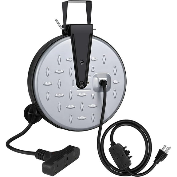 LWLIUANG  30 Ft Retractable Extension Cord Reel, Ceiling/Wall Mount 16/3 Gauge SJTW Power Cord with 3 Electrical Outlets Pigtail for Garage and Shop, 10 Amp Circuit Breaker, Metal Plate, ETL Listed