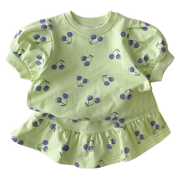 LWNYDPLSD 2 Piece Cute Sweet Set for Kids Skirts Outfits Toddler Girl Cherry Print Puff Sleeves Tee Tops+Ruffle Summer Skort Skirt Comfy Fashion Spring Sets Baby Girl Clothes 6M-6T