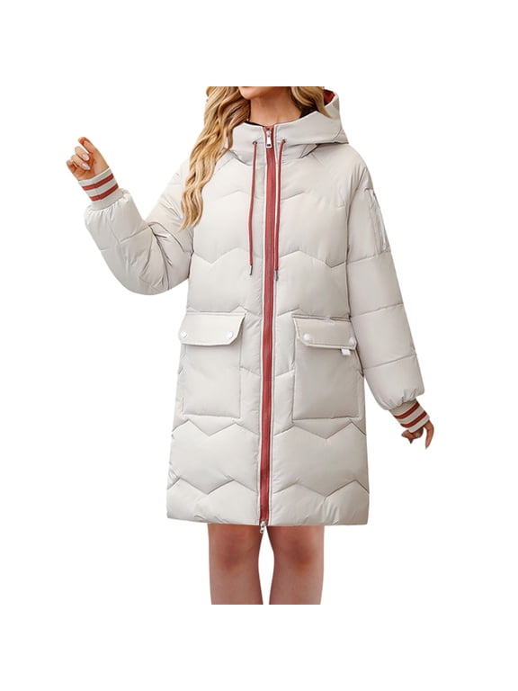 2024 Women's Fashion Waterproof Long Winter Coat Thickened Down Alternative Jacket Warm Puffer Jacket Hooded Parka Clearance Sale White S