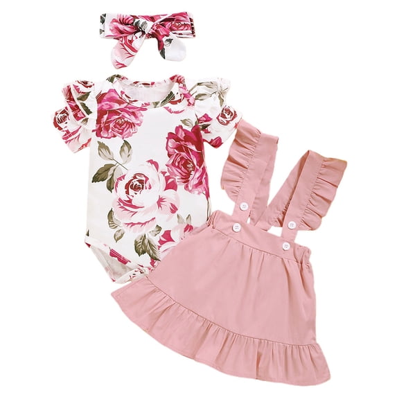 LWNYDPLSD 3 Piece Rose Suit for Toddler Girl Skirt Set Infant Girl Floral Short Sleeve Ruffle Romper Top+Spaghetti Strap Skort Birthday Party Outfit with Bow Headband Baby Girl Overall Dress