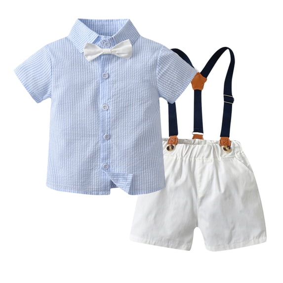 LWNYDPLSD Baby Boy Formal Short Set Toddler Summer Gentleman Outfit Kids StripedShort Sleeve Bowtie Shirt +Suspender Shorts Suit for Wedding Graduation Dress Infant Boy Clothes