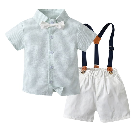 LWNYDPLSD Baby Boy Formal Short Set Toddler Summer Gentleman Outfit Kids StripedShort Sleeve Bowtie Shirt +Suspender Shorts Suit for Wedding Graduation Dress Infant Boy Clothes