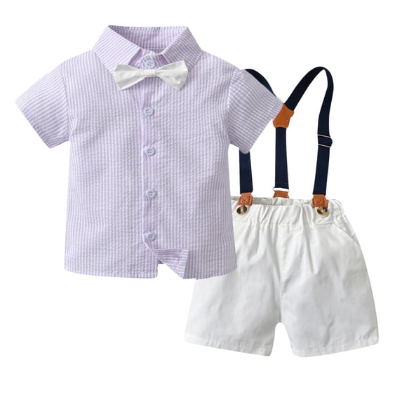 LWNYDPLSD Baby Boy Formal Short Set Toddler Summer Gentleman Outfit Kids StripedShort Sleeve Bowtie Shirt +Suspender Shorts Suit for Wedding Graduation Dress Infant Boy Clothes