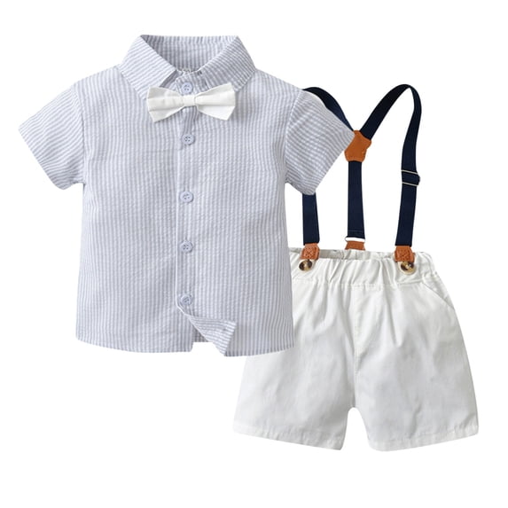 LWNYDPLSD Baby Boy Formal Short Set Toddler Summer Gentleman Outfit Kids StripedShort Sleeve Bowtie Shirt +Suspender Shorts Suit for Wedding Graduation Dress Infant Boy Clothes