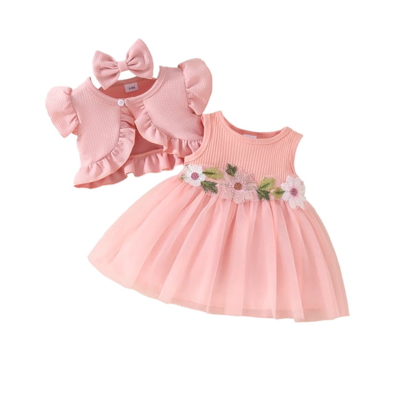 LWNYDPLSD Baby Girl Flower Dress Set 3 Piece Boho Outfit for Newborn Girl Shrug Cardigan+Tutu Tulle Princess Dress Suit with Headband for Wedding Birthday Party Infant Girl Clothes